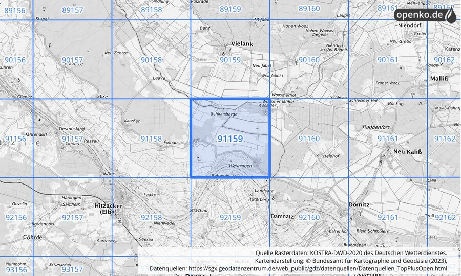 Übersichtskarte des KOSTRA-DWD-2020-Rasterfeldes Nr. 91159