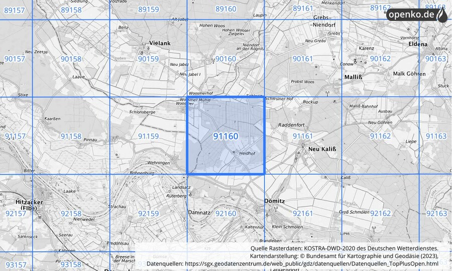 Übersichtskarte des KOSTRA-DWD-2020-Rasterfeldes Nr. 91160