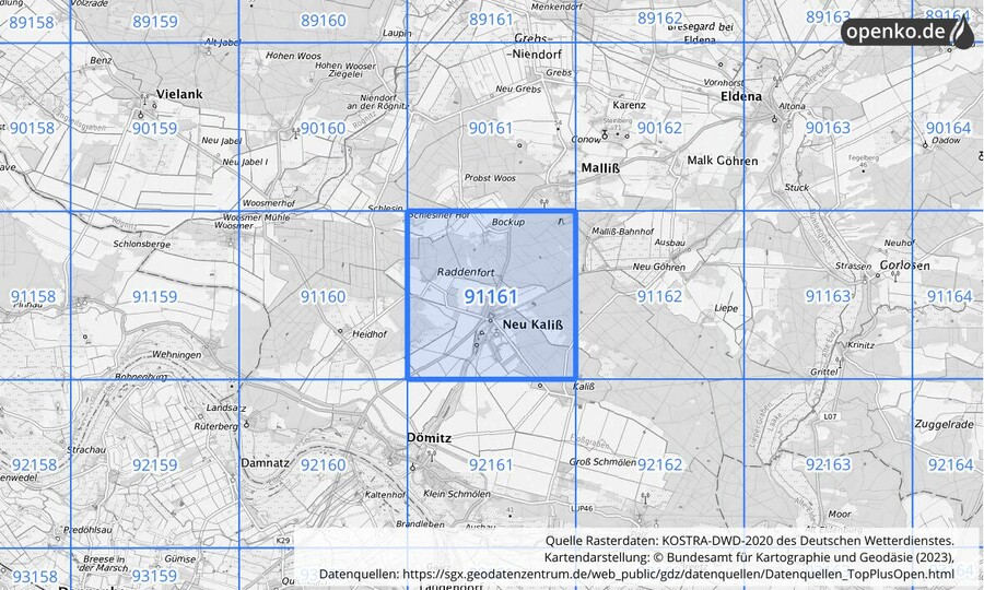 Übersichtskarte des KOSTRA-DWD-2020-Rasterfeldes Nr. 91161