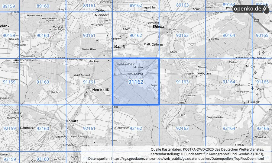 Übersichtskarte des KOSTRA-DWD-2020-Rasterfeldes Nr. 91162