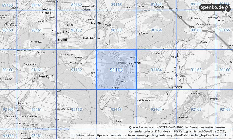 Übersichtskarte des KOSTRA-DWD-2020-Rasterfeldes Nr. 91163