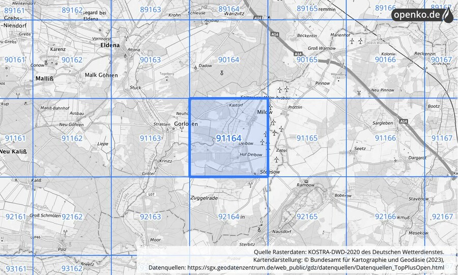 Übersichtskarte des KOSTRA-DWD-2020-Rasterfeldes Nr. 91164