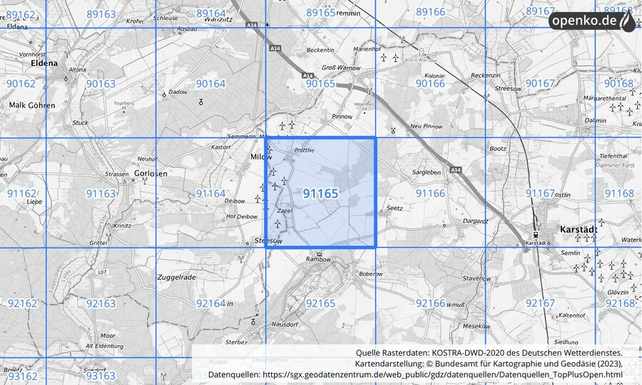 Übersichtskarte des KOSTRA-DWD-2020-Rasterfeldes Nr. 91165