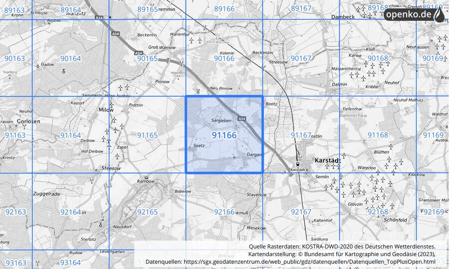 Übersichtskarte des KOSTRA-DWD-2020-Rasterfeldes Nr. 91166