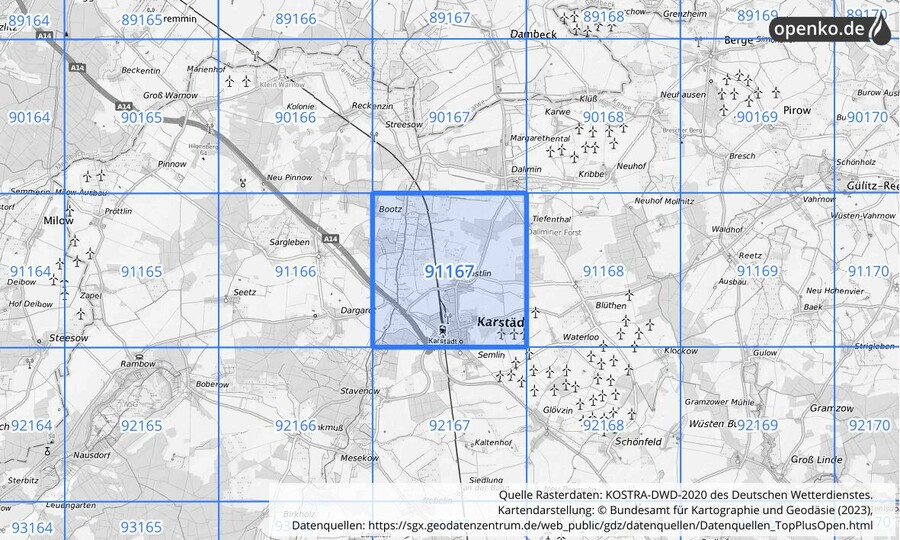 Übersichtskarte des KOSTRA-DWD-2020-Rasterfeldes Nr. 91167