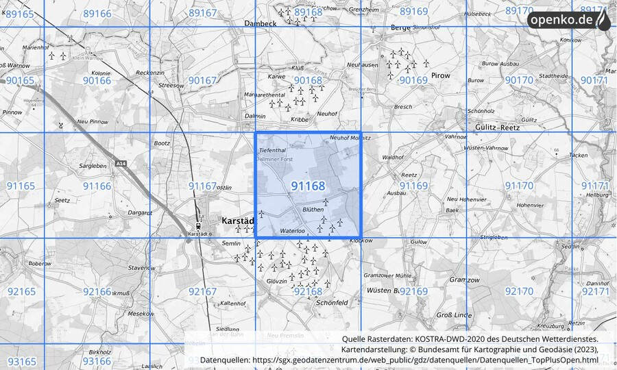 Übersichtskarte des KOSTRA-DWD-2020-Rasterfeldes Nr. 91168