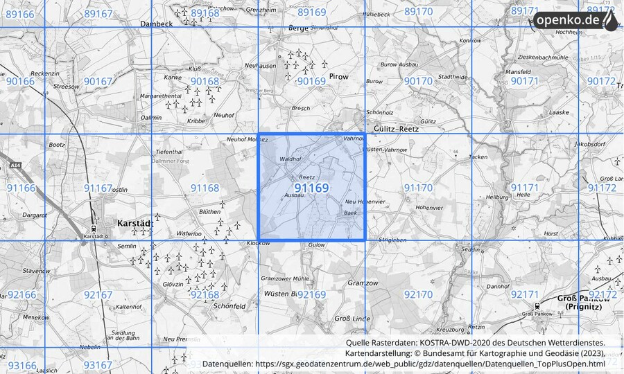 Übersichtskarte des KOSTRA-DWD-2020-Rasterfeldes Nr. 91169