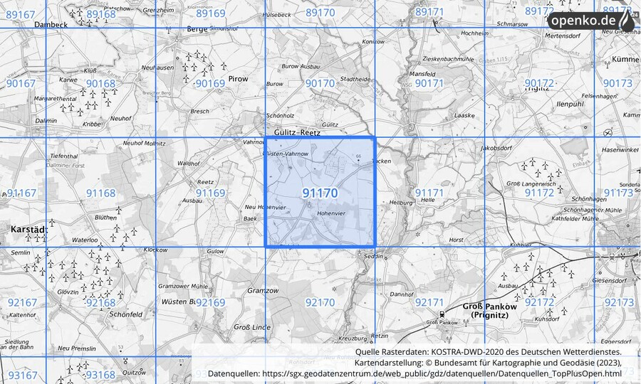 Übersichtskarte des KOSTRA-DWD-2020-Rasterfeldes Nr. 91170