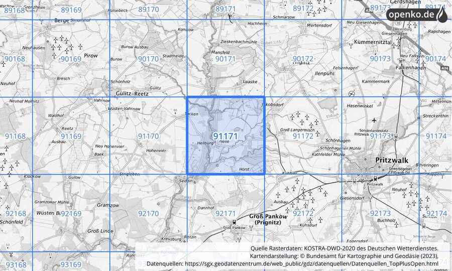 Übersichtskarte des KOSTRA-DWD-2020-Rasterfeldes Nr. 91171