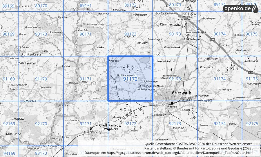 Übersichtskarte des KOSTRA-DWD-2020-Rasterfeldes Nr. 91172