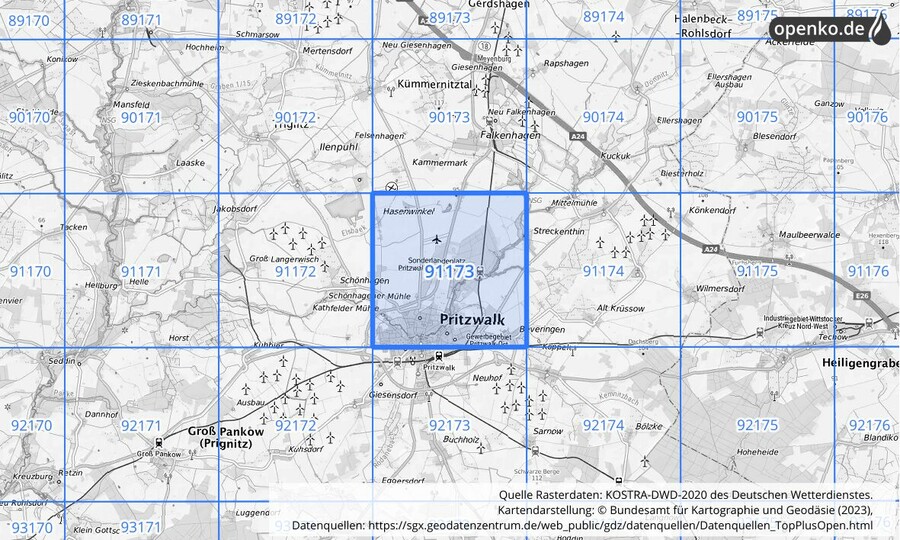 Übersichtskarte des KOSTRA-DWD-2020-Rasterfeldes Nr. 91173