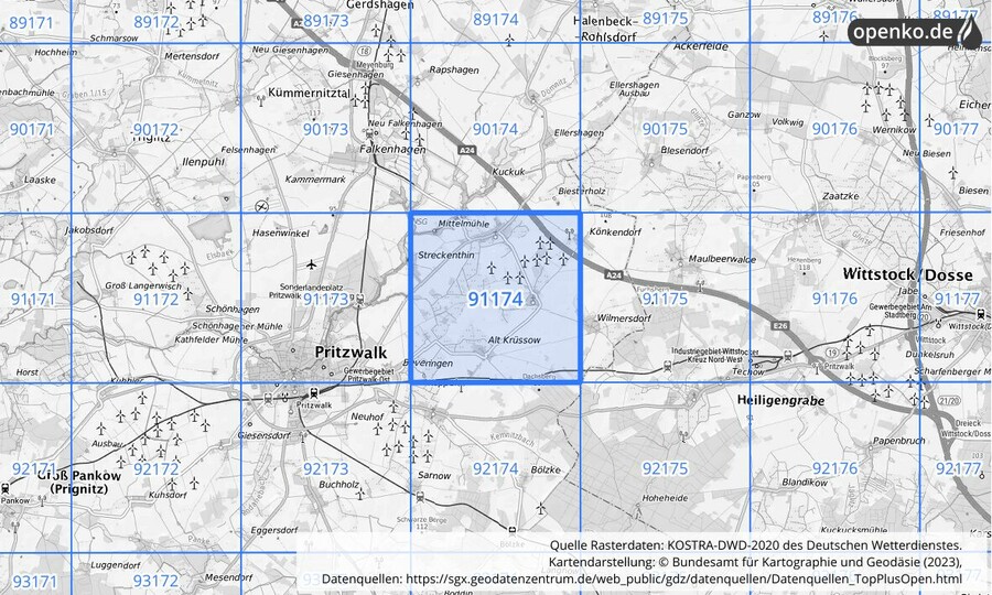 Übersichtskarte des KOSTRA-DWD-2020-Rasterfeldes Nr. 91174