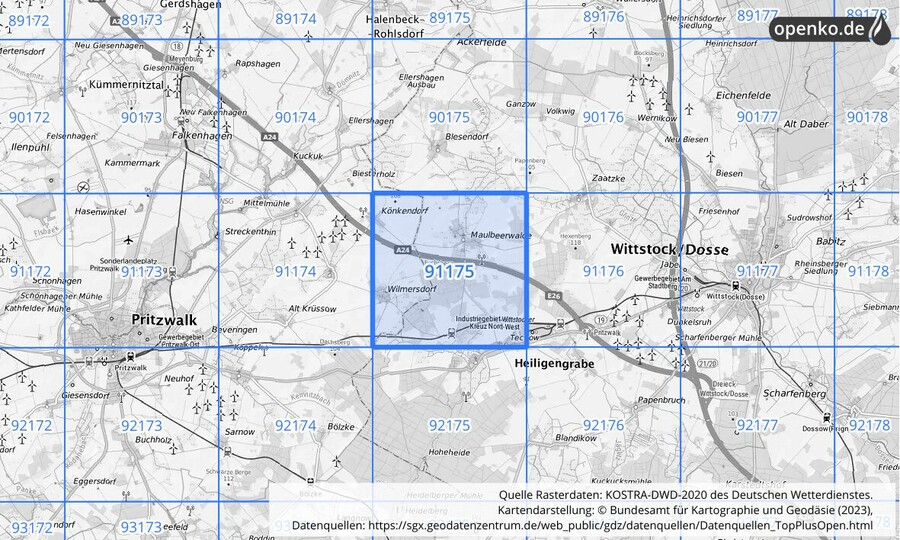 Übersichtskarte des KOSTRA-DWD-2020-Rasterfeldes Nr. 91175