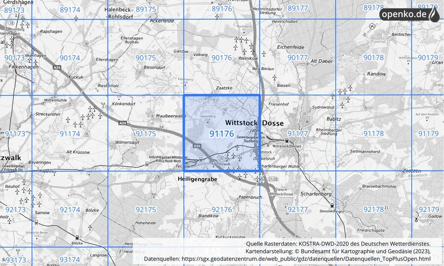 Übersichtskarte des KOSTRA-DWD-2020-Rasterfeldes Nr. 91176
