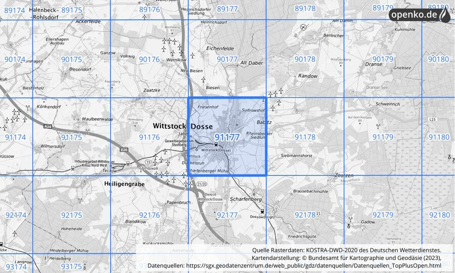 Übersichtskarte des KOSTRA-DWD-2020-Rasterfeldes Nr. 91177