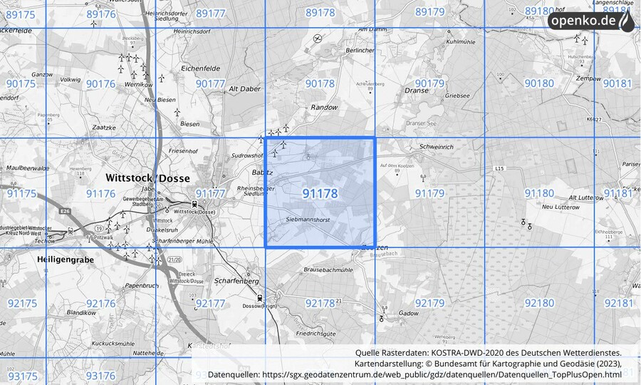 Übersichtskarte des KOSTRA-DWD-2020-Rasterfeldes Nr. 91178