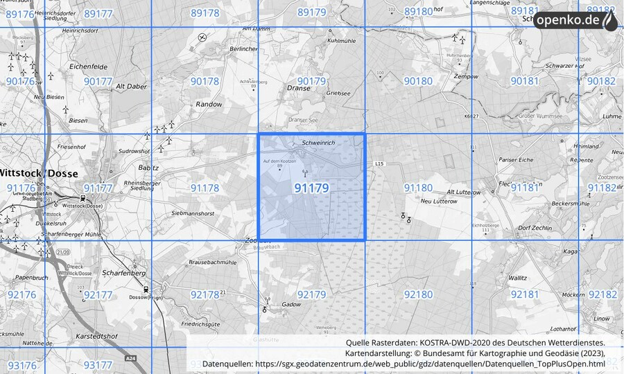 Übersichtskarte des KOSTRA-DWD-2020-Rasterfeldes Nr. 91179