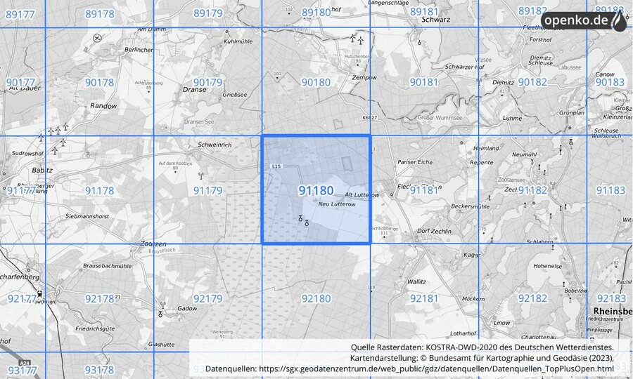 Übersichtskarte des KOSTRA-DWD-2020-Rasterfeldes Nr. 91180