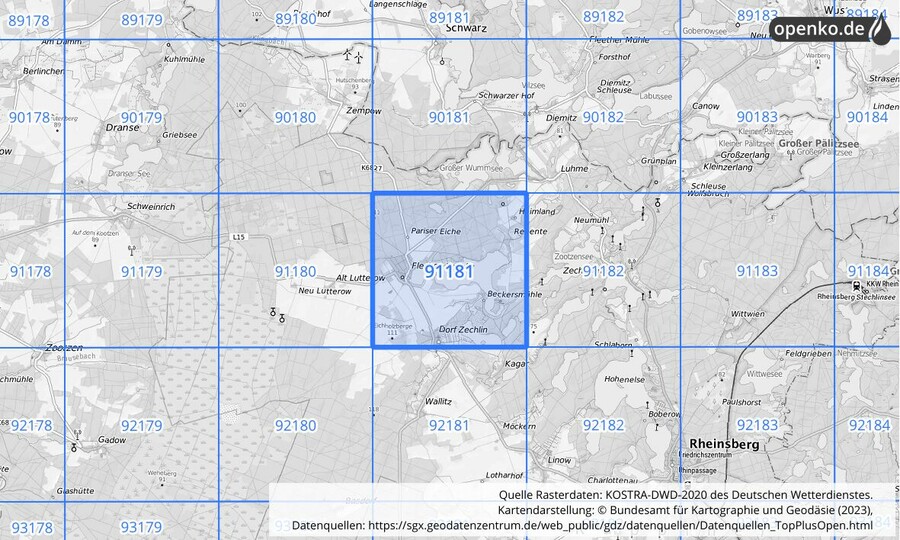Übersichtskarte des KOSTRA-DWD-2020-Rasterfeldes Nr. 91181