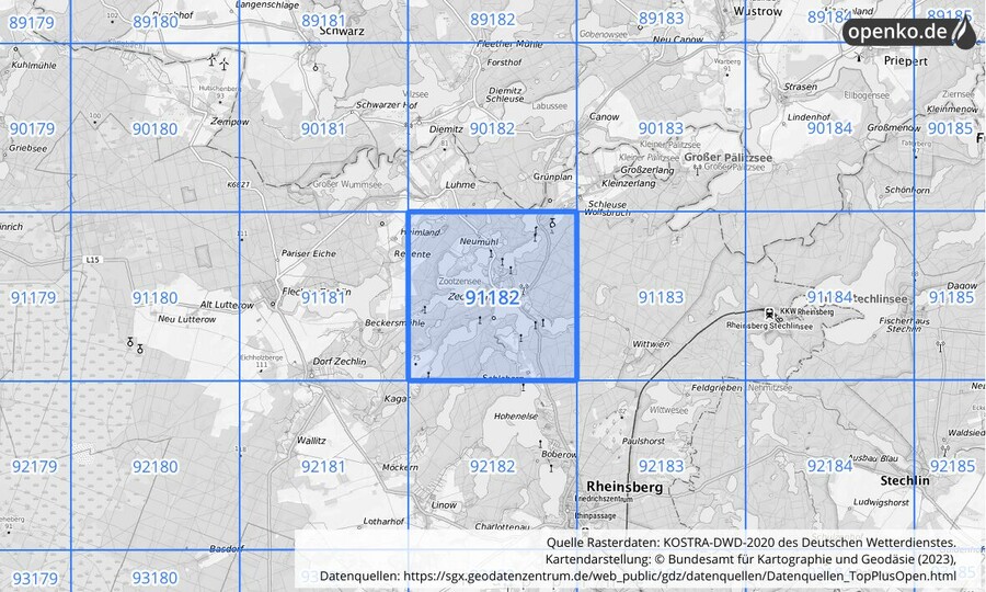Übersichtskarte des KOSTRA-DWD-2020-Rasterfeldes Nr. 91182