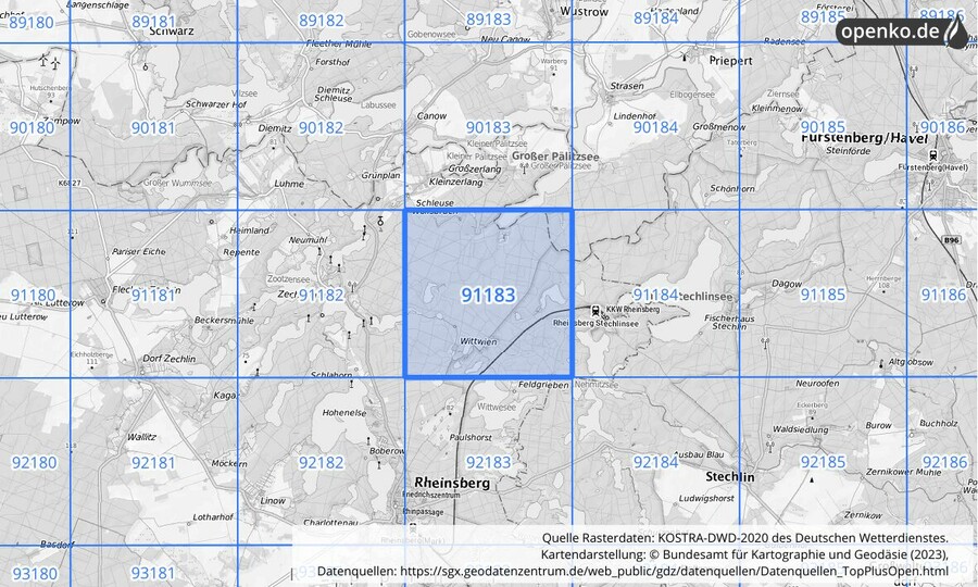 Übersichtskarte des KOSTRA-DWD-2020-Rasterfeldes Nr. 91183