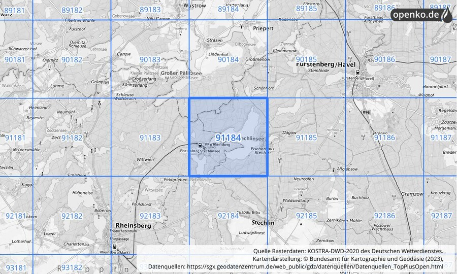 Übersichtskarte des KOSTRA-DWD-2020-Rasterfeldes Nr. 91184