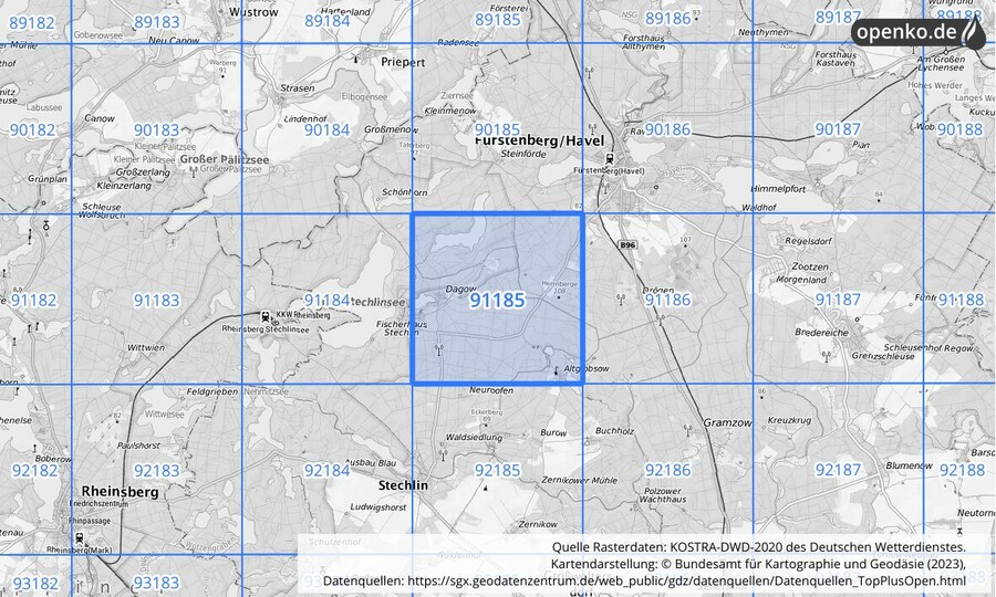 Übersichtskarte des KOSTRA-DWD-2020-Rasterfeldes Nr. 91185