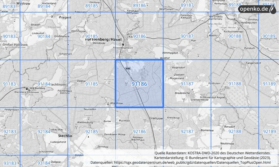 Übersichtskarte des KOSTRA-DWD-2020-Rasterfeldes Nr. 91186