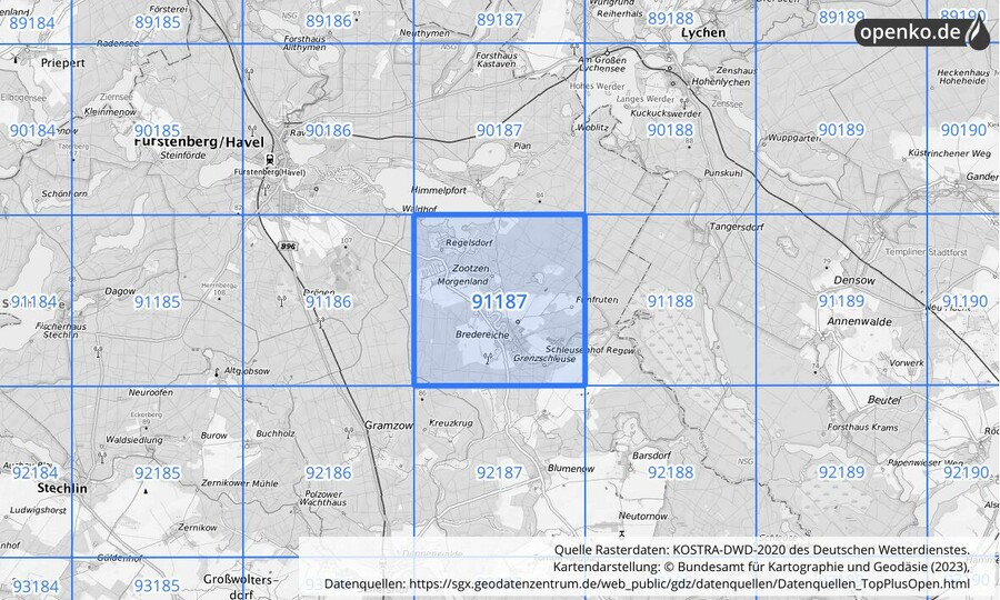 Übersichtskarte des KOSTRA-DWD-2020-Rasterfeldes Nr. 91187