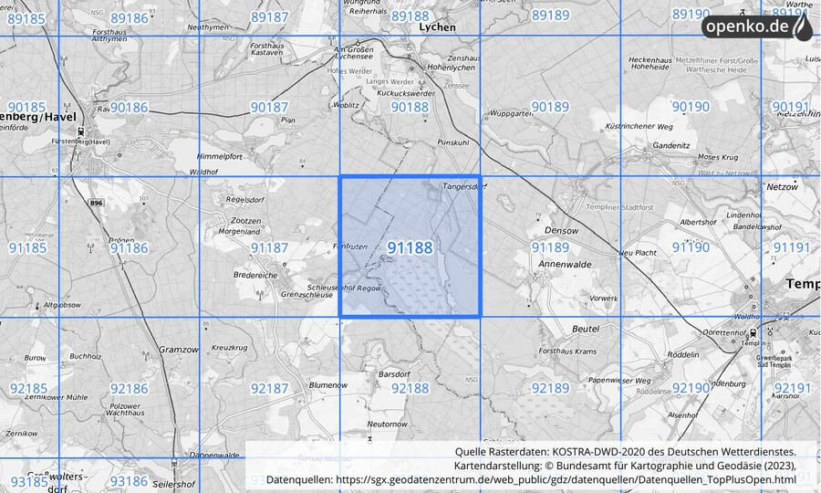 Übersichtskarte des KOSTRA-DWD-2020-Rasterfeldes Nr. 91188