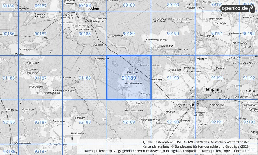 Übersichtskarte des KOSTRA-DWD-2020-Rasterfeldes Nr. 91189