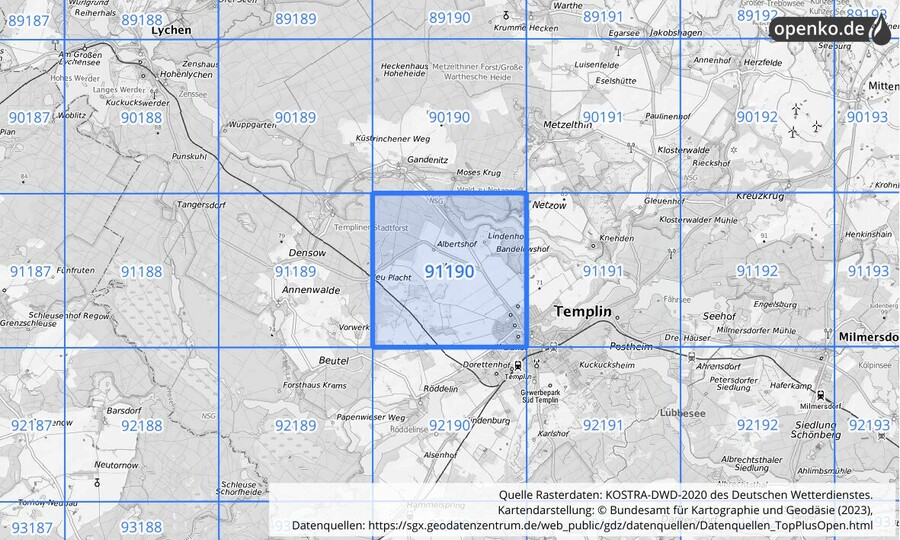 Übersichtskarte des KOSTRA-DWD-2020-Rasterfeldes Nr. 91190