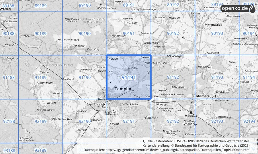 Übersichtskarte des KOSTRA-DWD-2020-Rasterfeldes Nr. 91191