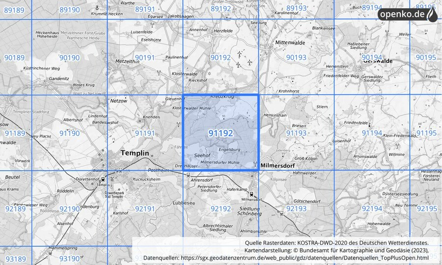 Übersichtskarte des KOSTRA-DWD-2020-Rasterfeldes Nr. 91192