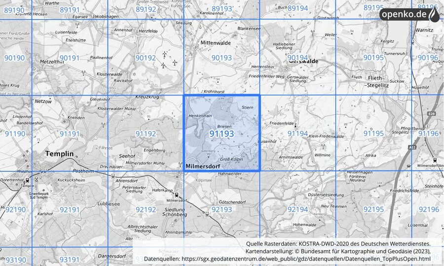 Übersichtskarte des KOSTRA-DWD-2020-Rasterfeldes Nr. 91193