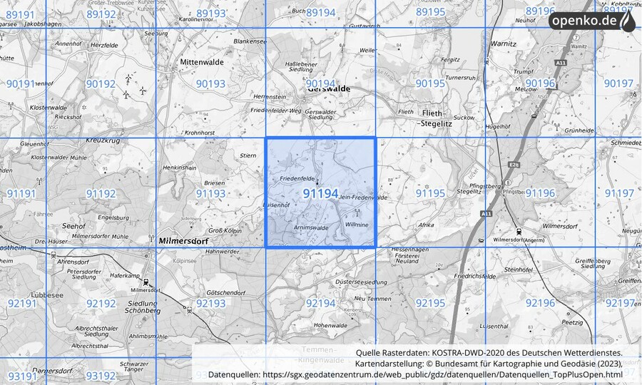 Übersichtskarte des KOSTRA-DWD-2020-Rasterfeldes Nr. 91194