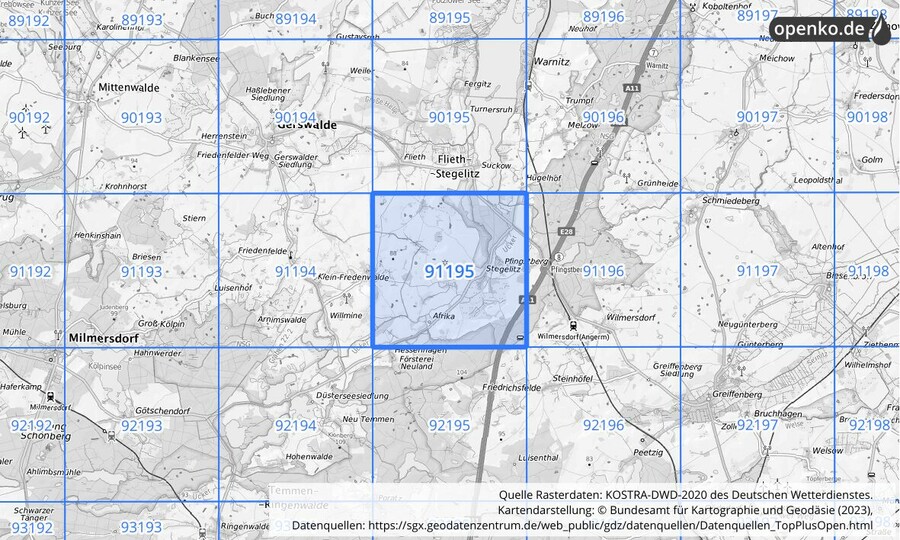 Übersichtskarte des KOSTRA-DWD-2020-Rasterfeldes Nr. 91195