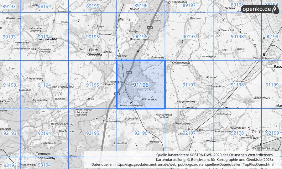 Übersichtskarte des KOSTRA-DWD-2020-Rasterfeldes Nr. 91196