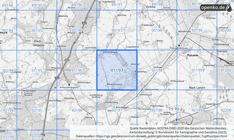 Übersichtskarte des KOSTRA-DWD-2020-Rasterfeldes Nr. 91197