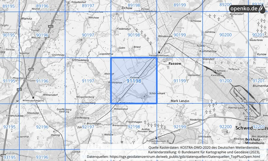 Übersichtskarte des KOSTRA-DWD-2020-Rasterfeldes Nr. 91198