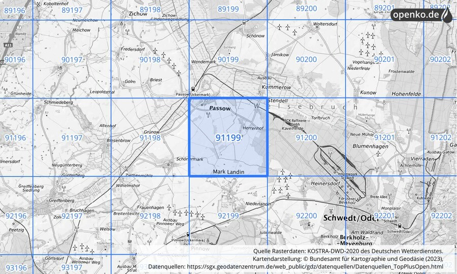 Übersichtskarte des KOSTRA-DWD-2020-Rasterfeldes Nr. 91199