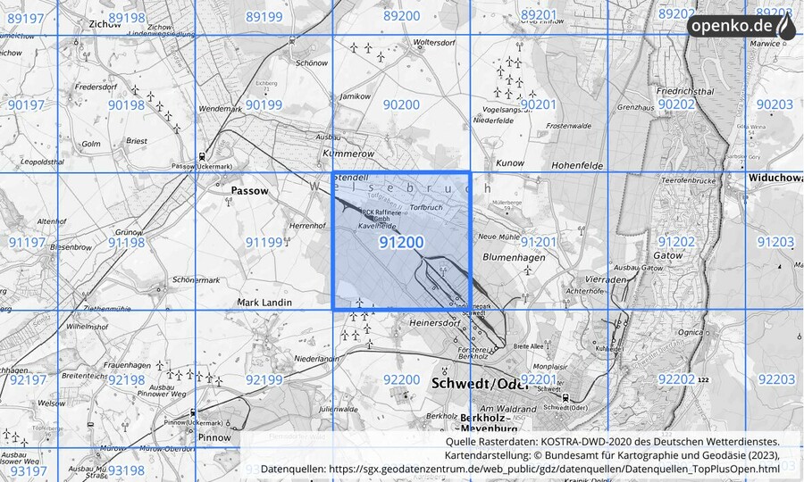 Übersichtskarte des KOSTRA-DWD-2020-Rasterfeldes Nr. 91200