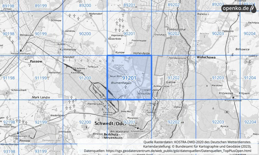Übersichtskarte des KOSTRA-DWD-2020-Rasterfeldes Nr. 91201