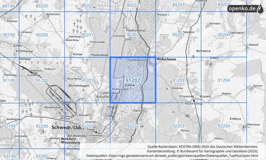 Übersichtskarte des KOSTRA-DWD-2020-Rasterfeldes Nr. 91202