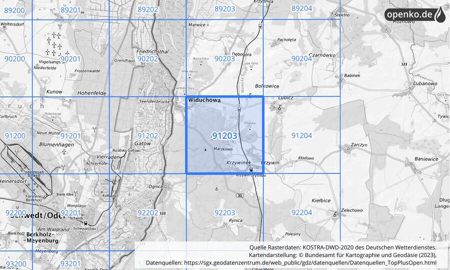 Übersichtskarte des KOSTRA-DWD-2020-Rasterfeldes Nr. 91203