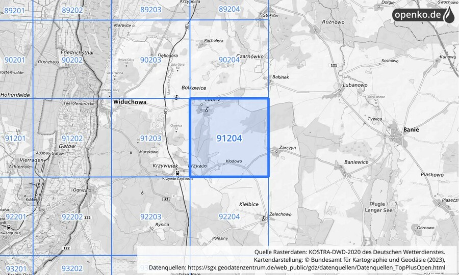 Übersichtskarte des KOSTRA-DWD-2020-Rasterfeldes Nr. 91204