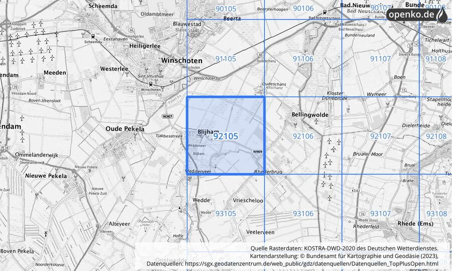 Übersichtskarte des KOSTRA-DWD-2020-Rasterfeldes Nr. 92105