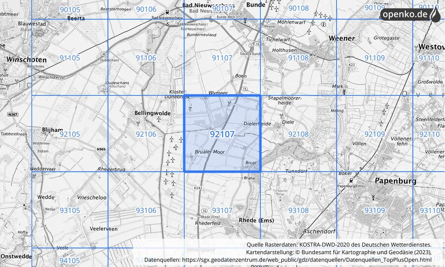 Übersichtskarte des KOSTRA-DWD-2020-Rasterfeldes Nr. 92107