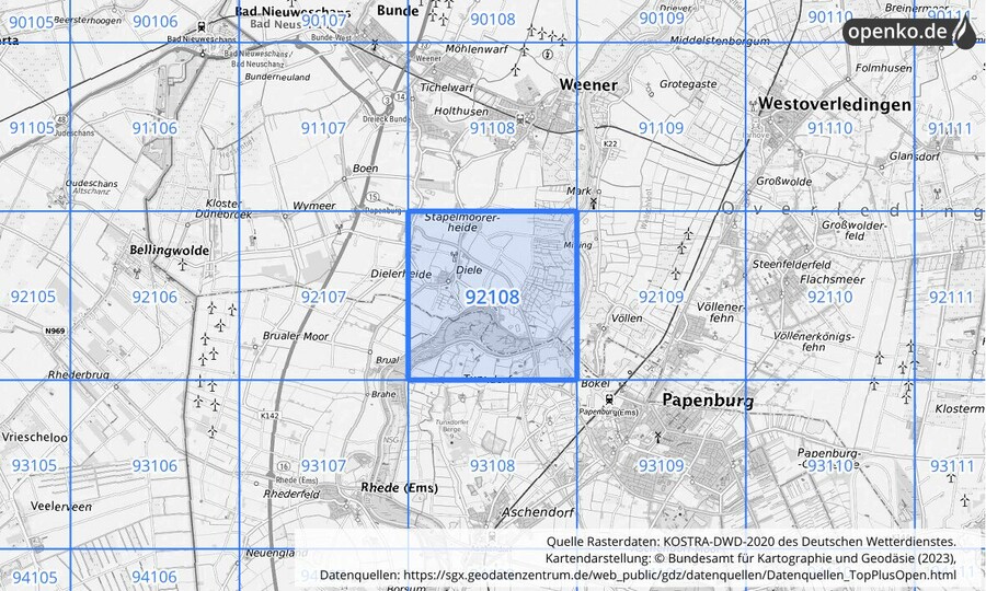 Übersichtskarte des KOSTRA-DWD-2020-Rasterfeldes Nr. 92108