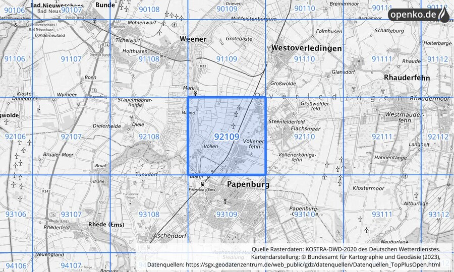 Übersichtskarte des KOSTRA-DWD-2020-Rasterfeldes Nr. 92109